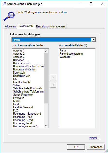 Screen SchnellSuche Feldauswahl